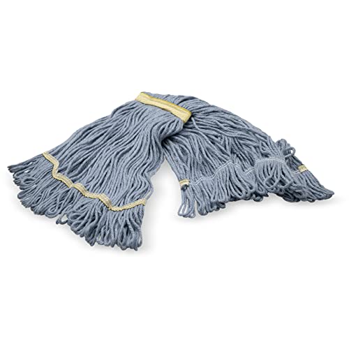 Image of SPARTA Flo-Pac Cotton Mop Head, Loop-Ended, Narrow Band with 1 inch Yellow Band for Organized Cleaning, Small, Blue, (Pack of 12)