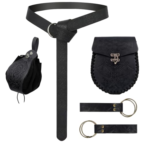 Image of Renaissance Pirate Belt Pouch with Coin Purse Skirt Hike Set | Medieval Viking Pirate Belt Pouch for Halloween Cosplay Ren Faire Accessories,Black.