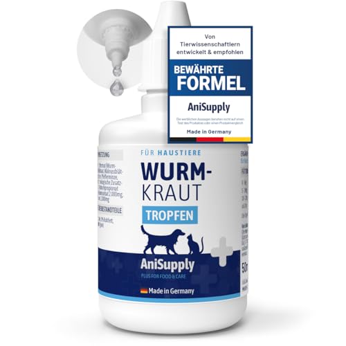 AniSupply Wurm-Kraut Liquid Tropfen flüssig 50ml, Wurmkur sekundierend für alle Haustiere, Hund, Katze, natürliche Rezeptur, Wurmmittel...