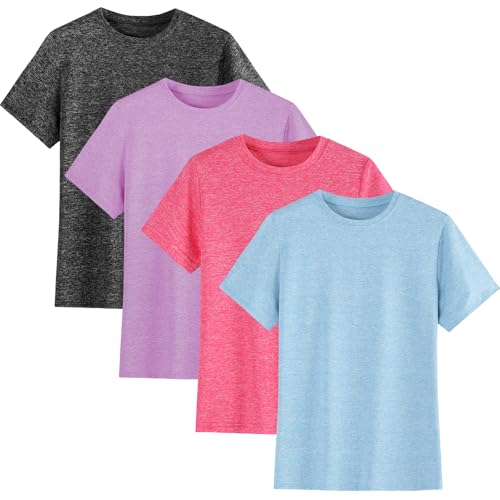 4-Pack Kids/Girls/Teen Girls Active Quick Dry T-Shirts Short Sleeve Shirts Athletic Performance T-Shirt（5-18 Years）