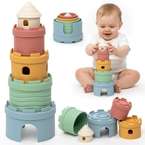 KSIBE Cubos empilháveis de silicone para bebé Montessori 3 em 1, brinquedos sensoriais educativos 6-12 meses, mordedor bebé sem BPA, brinquedo de banho, praia e aprendizagem, presente para menino e