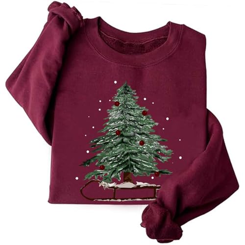 Image of TONGCHEN Snow Covered Pine Christmas Tree Sweatshirt Holiday Winter Crewneck Sweatshirts Women