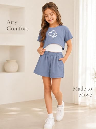 Image of Girl's Summer 3 Piece Outfits Graphic Short Sleeve Crop Top Cami and Shorts Clothes Set