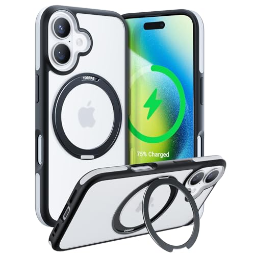Image of TORRAS Upgraded 360Rotatable Magnetic Ring for iPhone 16 Case, Fit for Wireless Charging with Stand & Ring Holder, 16FT Mil-Grade Shockproof, Protective Kickstand, Translucent,Ostand R Fusion, Black