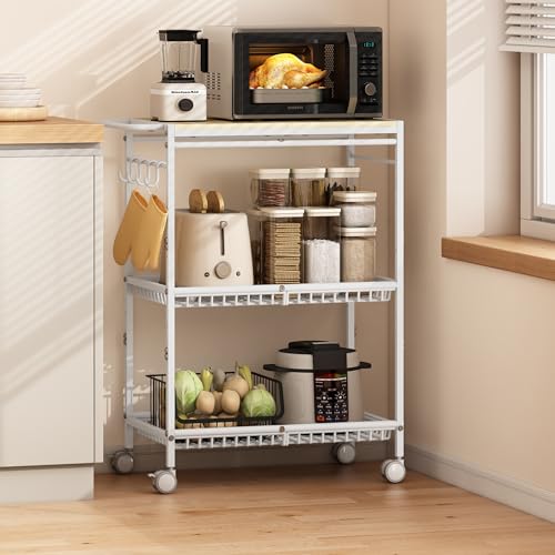 Microwave Kitchen Cart with 2 Lockable Wheels, White Kitchen Storage Cart with Push Handle, 3 Tier Rolling Cart with 210Lbs Capacity for Kitchen Island, Restaurant, Coffee Bar, Living Room, Office - Thumbnail 3