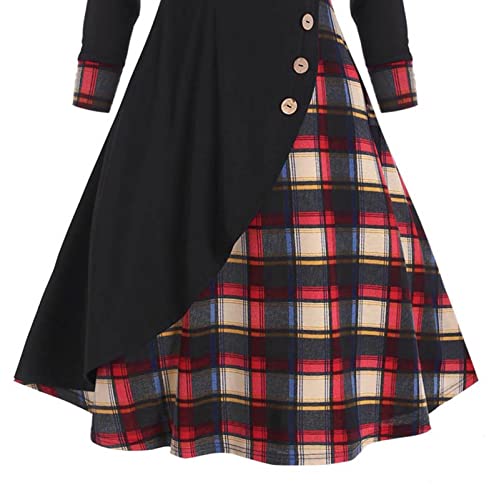Image of Womens Vintage Gothic Steampunk Dress Casual Plaid Patchwork Button Hooded Dress Retro Rockabilly Punk Hippie Dresses