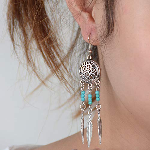 Preisvergleich Produktbild Deniferymakeup Ohrhänger Silber Boho Hippie Einfacher Ohrring Schmuck Geschenk für Frauen Bohemian Zigeuner Tribal Ethnische Quaste graviert Halbmond Geburtstag Silber Feder Ohrhänger