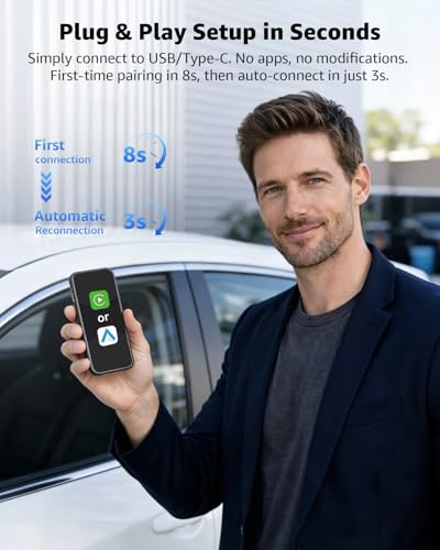 Image of Wireless CarPlay Adapter & Android Auto Adapter, 2-in-1 Mini Dongle, Wired to Wireless, Plug & Play, Fast Auto Reconnect, Stable Low-Latency Connection, for iPhone & Android, Cars 2016+, Black