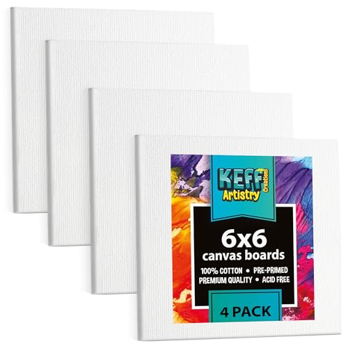 KEFF Canvas Boards for Painting - 6x6 4-Pack Bulk Canvas Panels, 100% Cotton Triple Primed Small Canvases for Painting Supplies, Acrylic, Oil, Watercolor & Tempera