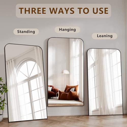 Image of Koonmi Full Length Mirror, 78 inchx35 inch Mirror Full Length with Stand, Black Domed Top Square-Edged Floor Mirror with Aluminum Alloy Frame for Bedroom Living Room