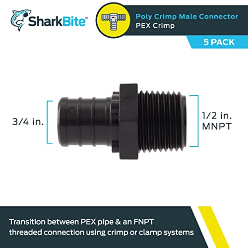 Image of SharkBite 3 /4 x 1 /2 Inch MNPT Poly Crimp Adapter, Pack of 5, PEX Pipe, PE-RT, UP138A5