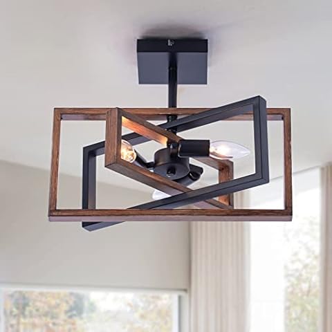 Industrial Rectangle Flush Mount Ceiling Light,Rotatable Metal Frame,Rustic Retro Vintage Farmhouse Light Fixture for Dining Living Room Bedroom Passway Kitchen Hallway Entryway,Faux-Wood Color Finish Cover