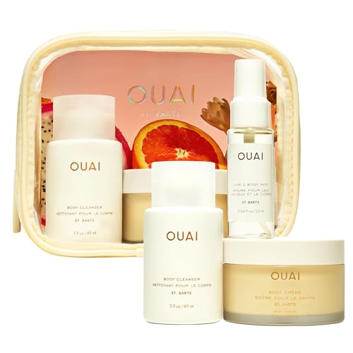 OUAI Wanna Get A-OUAI Kit Limited Edition Travel Set with Cleanser Body Crème & Hair & Body Mist St. Barts Scent Hydrating & Nourishing 3-Piece Gift Set