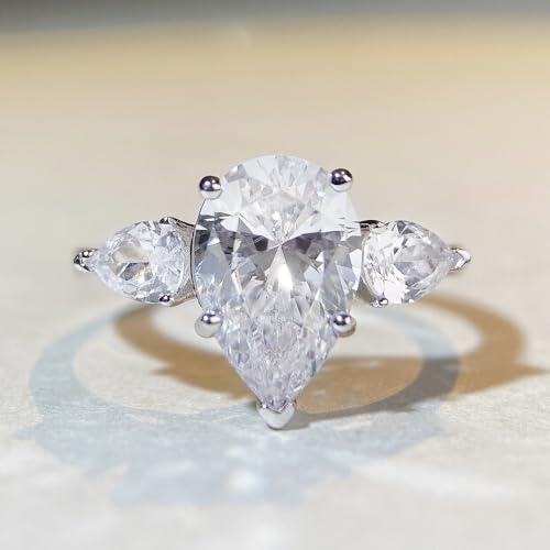 CIUFEWEK 925 Sterling Silver pear Shaped Water Drop Perfect Cut 3 Carat Sparkling Diamond Ring Tear CZ Cubic Zirconia Promise Love Halo Engagement Ring Confession Gift 63