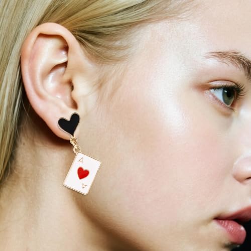 Poker Ohrringe Damen, Rotes Herz Pik Asymmetrische Herzkönigin Tropfen Ohrringe Spielkarten Schmuck Kostümzubehör für Damen Halloween Karneval Partygeschenke