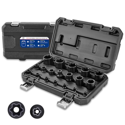 Image of AKM 19PCS External Torx Plus Socket Set,6 Point EP Socket EP4-32 with 1 /2'' 3 /8'' 1 /4'' Dr. EP8.8 compatible with Tesla, E-Torx Star Torque Sockets Set, Cr-v steel with High Impact Storage Case