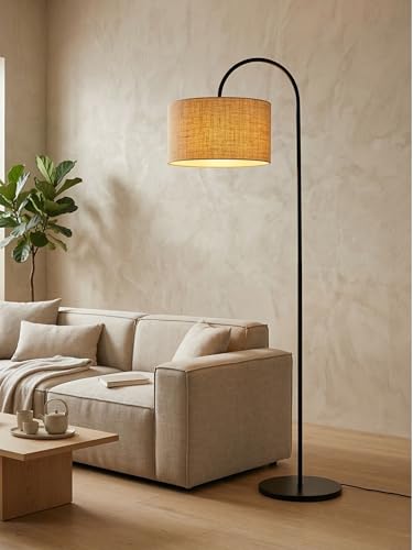 Image of Arc Floor Lamp for Living Room 60 inch Tall - Handwoven Jute Shade Standing Lamp - Matte Black Metal Corner Floor Lamp for Bedroom & Reading Corner - Japandi Boho Decor