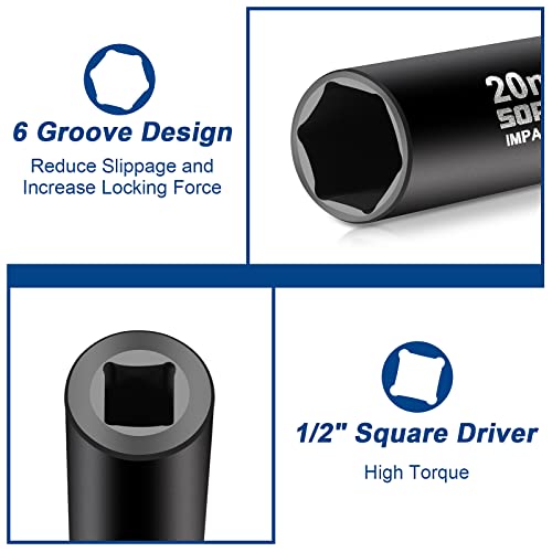 Sorako 1/2” Impact Socket Set, 16 Piece Metric Deep Socket Set Include 14 Pcs Large Socket And Extension Bar & L Handle, 6 Point Cr-V Steel Drive Socket Set With Portable Case #TOP2
