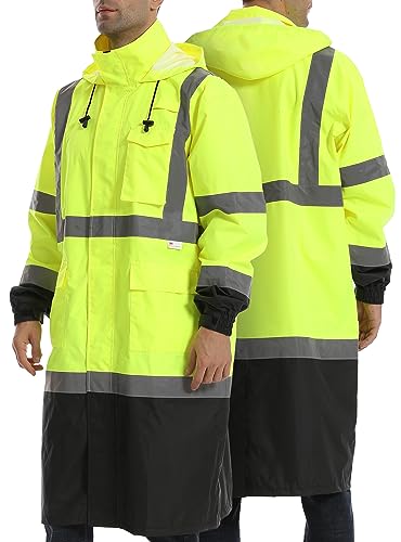 Image of Reflective Rain jackets for men waterproof,Hi Vis Rain Coat With 3M Reflective Strips，High Visibility Class 3 Rain Gear With 2 large pockets，Zipper,Black Bottom Lime，Medium