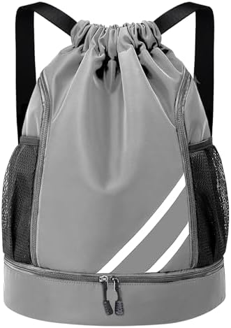 Drawstring Backpack Water Resistant String Bag Gym Sports with Shoe Compartment Side Mesh Pockets for Women Men (Grey)