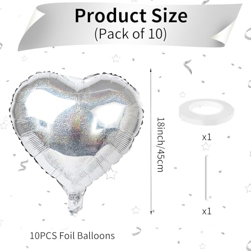 Image of Glitter Silver Foil Heart Balloons, 10PCS Silver Heart Shape Balloons, Valentines Balloons 18inch Love Foil Balloons Helium for Valentines Day, Wedding, Brithday, Baby Shower Party Decorations