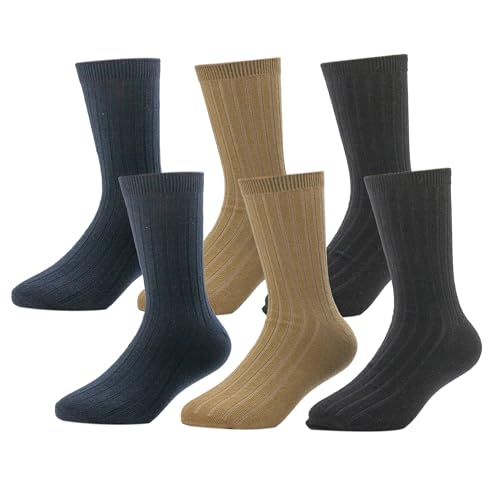 Rugged Soles Boys Youth Kids Dress Solid Unisex Ribbed or Flat Knit Uniform School Everyday Crew Socks Black Navy and Multi Size Small To Large Pack of 6 Size Medium Multiribbed