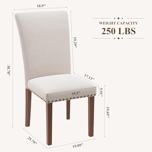 Image of Farmhouse Dining Chairs Set of 6, High Back with Wooden Legs and Nailhead Trim, Modern Fabric Dining Room Chair for Kitchen /Restaurant