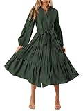 MASCOMODA Womens Dresses 2025 Fall Long Sleeve Midi Dress Casual V Neck Button Down Tiered Flowy Aline Tie Waist Shirt Dress(Dark Green,Large)