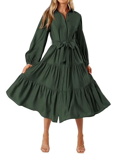 MASCOMODA Womens Dresses 2025 Fall Long Sleeve Midi Dress Casual V Neck Button Down Tiered Flowy Aline Tie Waist Shirt Dress