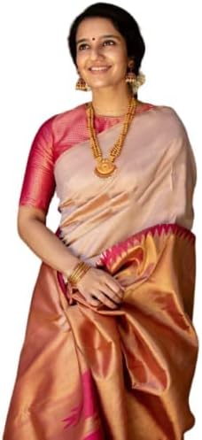 Zwab Women's Banarasi and Kanjivaram Soft Lichi Silk Black Traditional Saree With Rich Pallu & Weaving Border With Unstitched Jacquard Woven Blouse Piece (Golden Pink)