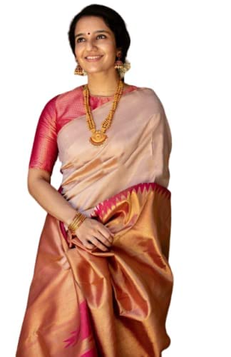 Zwab Women's Banarasi and Kanjivaram Soft Lichi Silk Black Traditional Saree With Rich Pallu & Weaving Border With Unstitched Jacquard Woven Blouse Piece (Golden Pink)