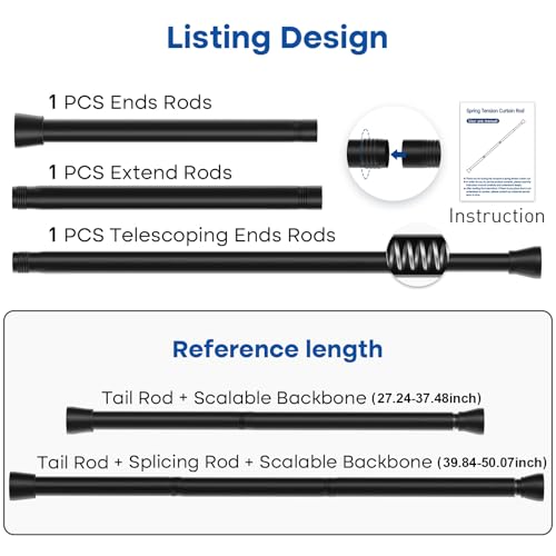 Image of Black Tension Rods for Windows 28 to 48 Inch 4Pack Spring Curtain Rod Tension Curtain Rod Expandable Pressure Shower Curtain Rod Tension No Drill Adjustable Curtain Rods for Bathroom,Doorway,Door