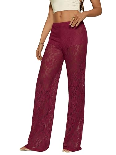 RoseSeek Women's Y2K Floral Lace See Through Pants Sheer Straight Leg Long Pants Club Wear Burgundy Medium