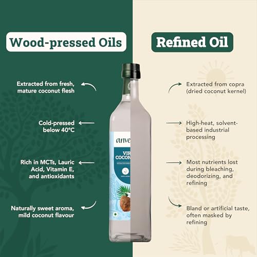 Image of Anveshan Cold Pressed Virgin Coconut Oil 1L | Glass Bottle | Unrefined Cold Pressed Virgin Coconut Oil, Naturally Cholesterol Free, Kolhu /Kacchi Ghani /Mara Chekku /Ganuga, Rich Aroma & Flavour of Real Coconuts