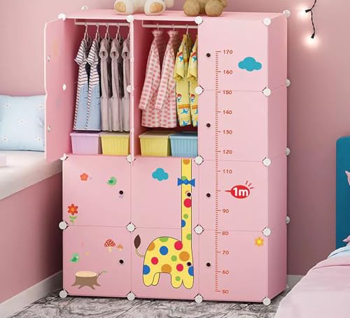 Image of Sunderlook Plastic Wardrobe for Kids Clothes - Collapsible Wardrobe, DIY Foldable Baby Almirah for Clothes, Heavy Duty Freestanding Storage Baby Cupboard for Kids (Pink-R4, 12 Door)
