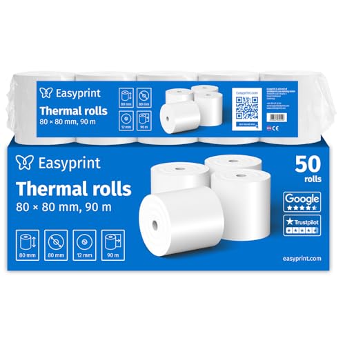 Nowość: Easyprint rolki termiczne/rolki kasowe, 50 rolek, 80 mm x 80 mm x 12 mm, 90 m, certyfikat PEFC, certyfikat środowiskowy, do EPSON, IBM i wielu innych.