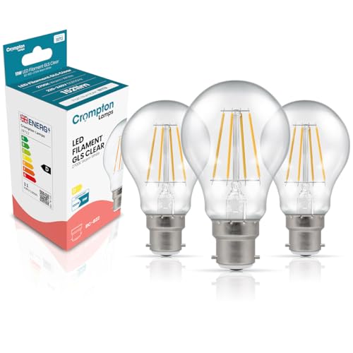 Image of Crompton Lamps Filament GLS LED Light Bulb BC-B22d | 11W = 100W Equivalent | Warm White 2700K | Energy Efficient | Bayonet Lightbulb | Long Life 15,000-Hrs | Clear Glass | Dimmable | 3-Pack