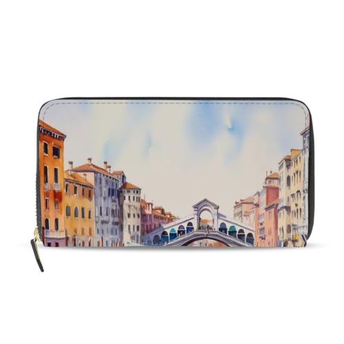Watercolor Of Venice Sightseeing Women's Large Capacity Wallets Holder Wallet Credit Card Clutch Coin Pocket Pu Leather Zipper Closure Deal Gift for Women 21219647