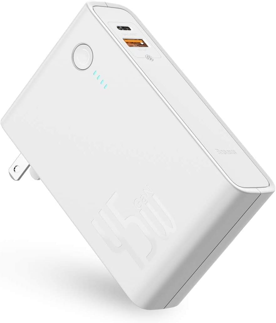 Baseus USB C Portable Charger, 10000mAh Power Bank 2-in-1 45W GaN Tech Wall Charger, PD3.0 Fast Charge Battery Pack for Laptop, MacBook Pro, iPhone 12, Galaxy S20, iPad and More (10000mAh（White)