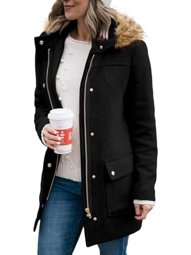 Shanfetl Womens Coats Fall Winter Warm Mid Length Pea Coats Elegant Jackets Outwear with Faux Fur Hood