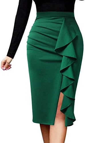 VFSHOW Women Elegant Ruched Ruffle Slit Work Business Party Pencil Skirt 2511 GRN L