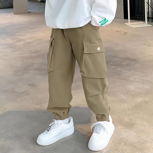 Boys Cargo Pants Casual Elastic Waist Pull On Trouser with Multi Pockets Comfy Lounge School Pants for Boys 3-15Years4