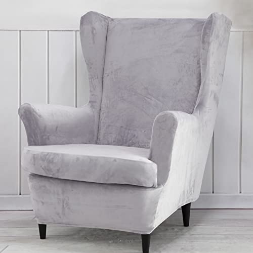 Wing Back Slipcover Velvet Chair Cover,Plush Chair Covers Armchair,Furniture Covers Protector for Living Room Bedroom Decoration (Velvet Light Gray)