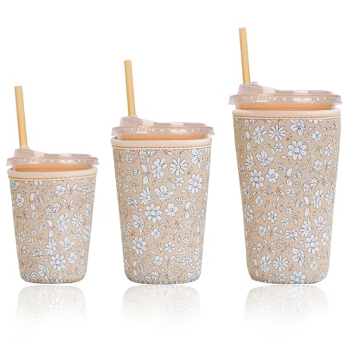 Image of Reusable Insulated Sleeve for Iced Coffee Cup, 3-Pack Coffee Neoprene Drink Sleeve for Cold & Hot Drinks, Beverage Holder for Iced Coffee (Beige Floral)