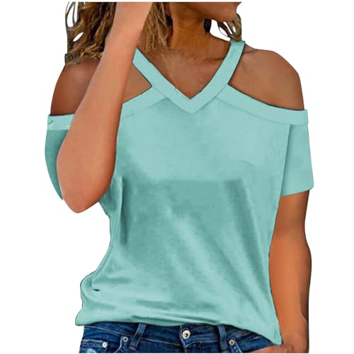 Cutout Short Sleeve Shirts for Womens 2025 Summer Fashion Cold Shoulder Tshirts Casual Loose V Neck Blouse Solid Tees