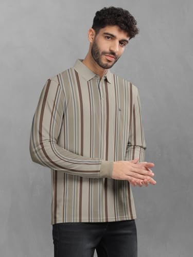 Image of BULLMER Striped Textured Printed Polo Neck Fullsleeve T-Shirt with Rib for Men