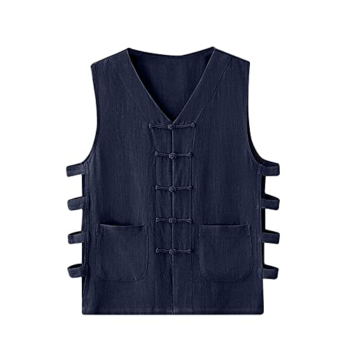 Cotton Linen Tank Tops for Mens Chinese Kung Fu Sleeveless Shirt Vintage V Neck Button-Down Shirts with Pockets Navy