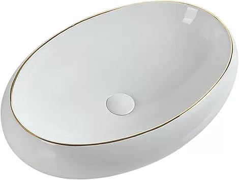 Vessel Sink Vessel Vanity Sink Oval White Ceramic Vessel Sink and Pop Up Drain Combo Modern Egg Shape Above Counter Bathroom Vanity Bowl, Elegant Gold Edge Decoration Bathroom Sink Ceramic Small Sink