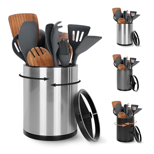 Nigelia Extra Large Kitchen Utensil Holder, 360° Rotating Stainless Steel Cooking Utensil Holder for Countertop, 3 Compartment Flatware Organizer & Cooking Caddy with Removable Base(Silvery)