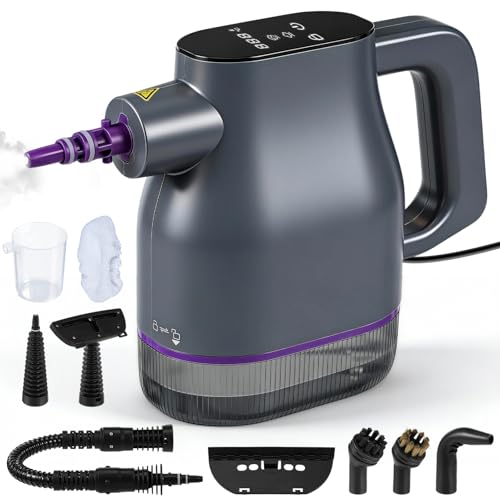 1350W Limpiador a Vapor Portátil con Calentamiento Rápido 15s a 130°C – Pantalla Táctil, Bloqueo de Seguridad, 400ml Sin Químicos – 9 Accesorios para Coche, Sofá, Suelo, Baño, Azulejos, Ventanas